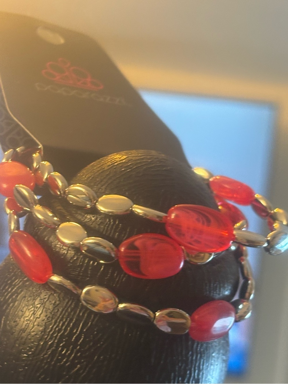 Red Bead and Silver-Tone Stretch Bracelet - Unbranded